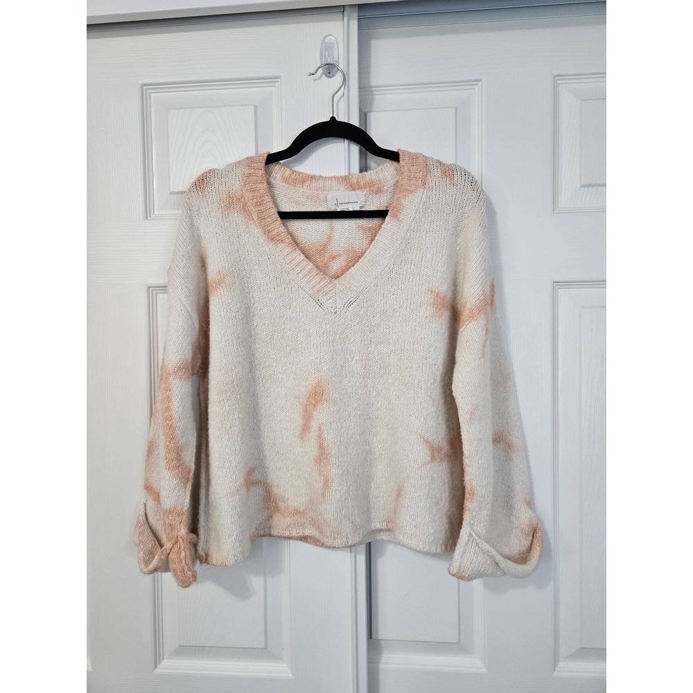 Anthropologie Peach Cream Tie Dye V-Neck Cuffed Sleeve Fuzzy Knit Sweater Small